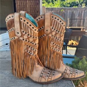 Corral Women's Tan studded Fringe Tall Snip Toe Cowgirl Boot